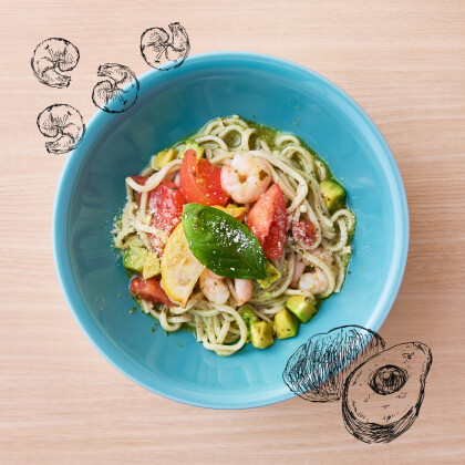 【めん色　新メニュー紹介】まるでサラダのようなおうどん！「えびとアボカドの 冷製ジェノベーゼうどん」