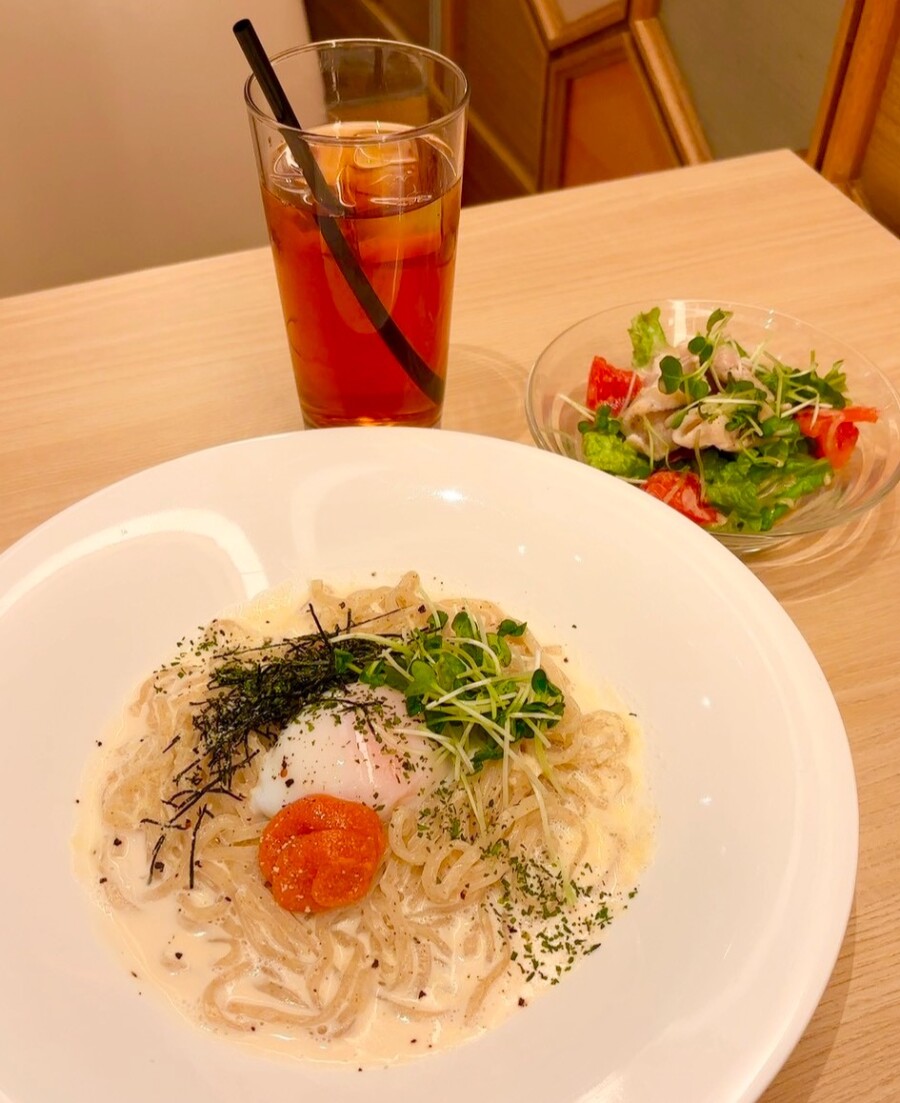 「温泉卵と明太子の豆乳クリームうどん」